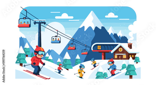 Winter ski resort mountain landscape in flat vector illustration style