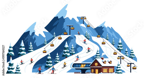 Winter ski resort mountain landscape in flat vector illustration style