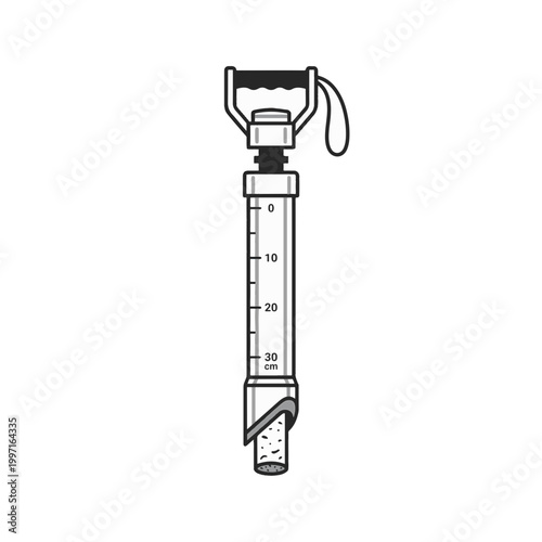 Black and white illustration of a hand-operated soil sampling probe with depth markings up to 30 cm, showing an extracted soil core.