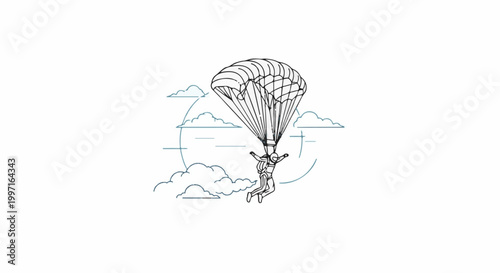 A person in a skydiver suit floats down under a large parachute