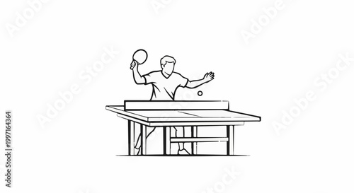A person in a t-shirt plays table tennis, hitting a ball