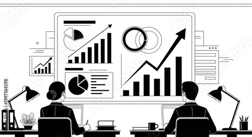 Business analytics team analyzing financial growth charts on large screen.