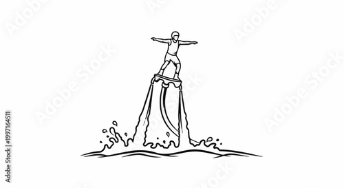 A person on a jetpack hovers above water, propelled by powerful water jets