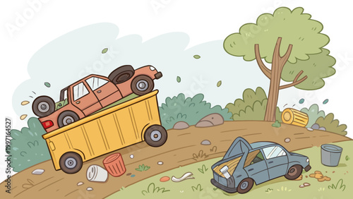 A cartoon illustration of a chaotic junkyard scene with cars and trash scattered everywhere.