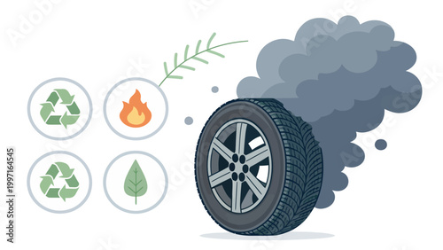An illustration of a tire emitting smoke with recycling and environmental icons nearby