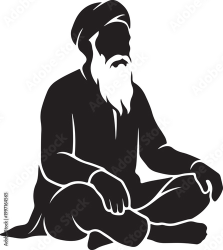 Village Elder Silhouette Sitting Cross-Legged on Ground Isolated on White