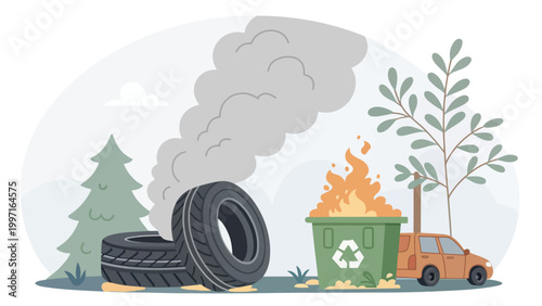 An illustration depicting environmental pollution with a burning recycling bin, smoldering tires, and an old car in a natural setting.