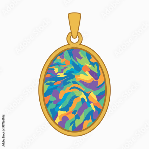 A vibrant oval pendant featuring an abstract, swirling pattern of colorful gemstones, set in a simple gold frame.
