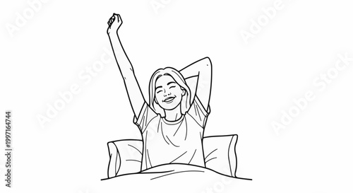 A person stretches their arms up while smiling, in bed