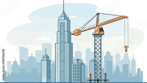 A yellow construction crane stands tall in front of a blue city skyline with skyscrapers