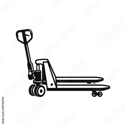 A black and white illustration of a manual pallet jack, a piece of equipment used to lift and move pallets.
