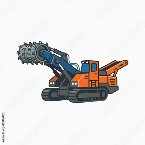 Cartoon illustration of an orange and blue tracked trencher with a large cutting wheel on a boom, ready to dig a trench.