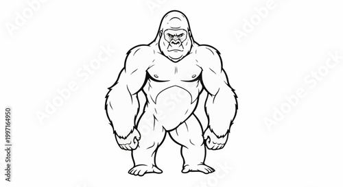 A muscular, imposing gorilla stands on its feet, drawn in a bold black outline