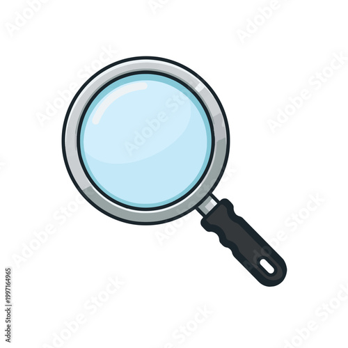 An illustration of a magnifying glass with a silver rim, light blue glass, and a black handle, pointing to the bottom right on a white background.