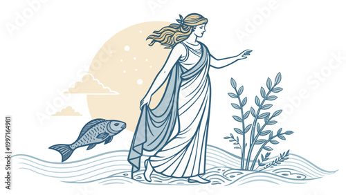 A serene illustration of a woman in a flowing dress standing in water with a fish and plants