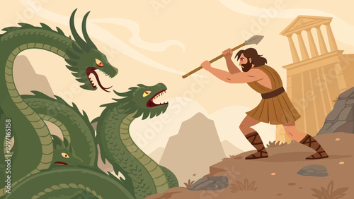 A cartoon illustration of a man fighting a multi-headed dragon in an ancient landscape