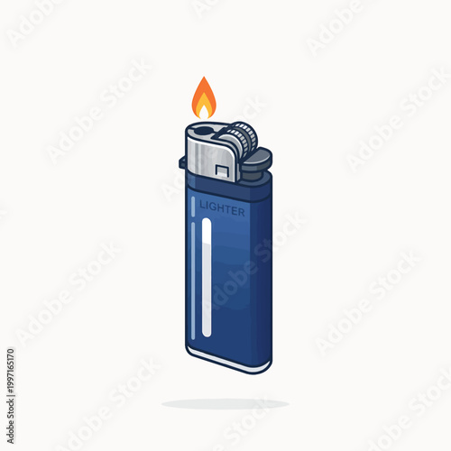 A blue disposable lighter with a lit flame, casting a shadow. The word LIGHTER is visible on its side.