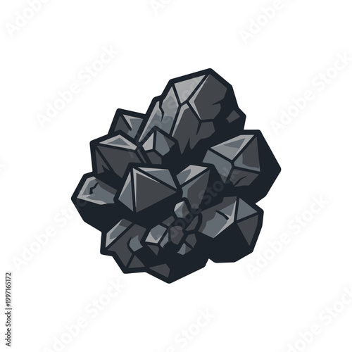 A cartoon illustration of a dark grey rock cluster with multiple angular facets and sharp edges, resembling an ore or mineral formation.