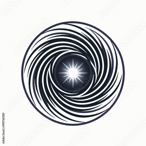 A circular emblem featuring a bright white starburst at its dark center, surrounded by an intricate pattern of swirling, dark curved lines creating a dynamic vortex effect.