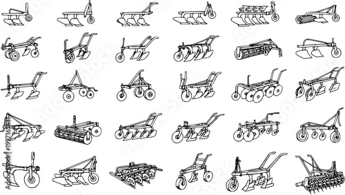Εκτύπωση καμβά Extensive collection of detailed line art illustrations showcasing various types of agricultural plows, tillers, and cultivators for farm tillage