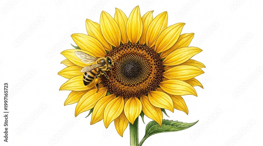 Fototapeta premium Sunflower with Bee Clipart Isolated on White Background