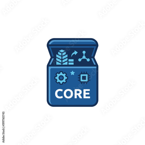 A dark blue chest opens to reveal icons of stacks, gears, a molecule, a star, and a CPU chip, symbolizing core components.