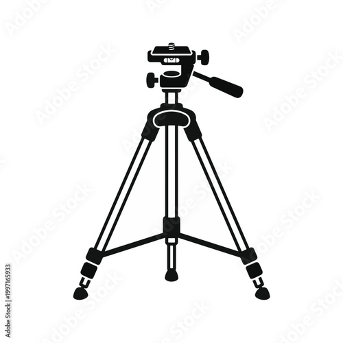 A black and white illustration of a camera tripod, featuring three legs, a central column, and a head with a handle.