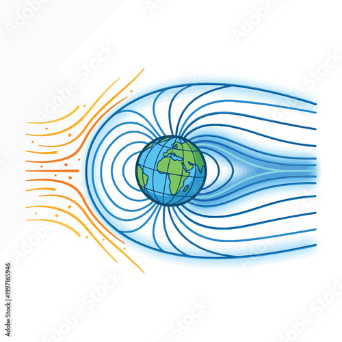 Illustration of Earth's magnetosphere deflecting the solar wind, showing magnetic field lines protecting the planet from charged particles.