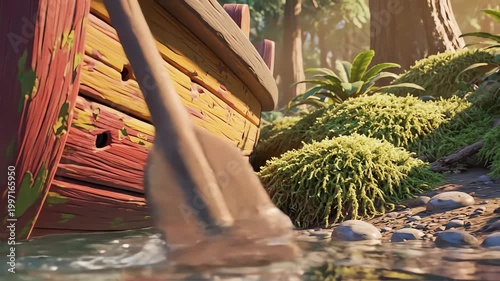 Cartoon Boat Closeup of colorful wooden boat gently moving in calm water surrounded by lush green plants during daylight