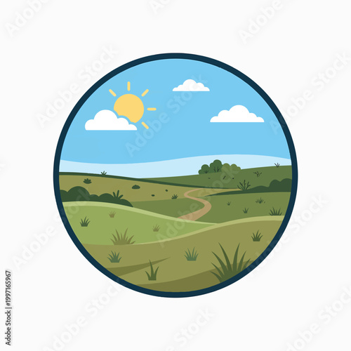 A bright, sunny day over rolling green hills with a path winding through. Clouds drift in a clear blue sky, casting a peaceful, idyllic scene.