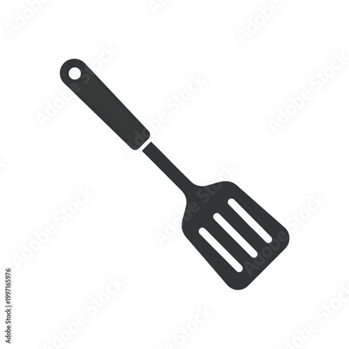 A simple, dark grey silhouette of a slotted spatula or turner, angled on a white background.