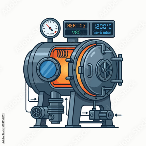 A vacuum furnace with a digital display showing 1200°C and 5e-6 mbar, indicating high-temperature vacuum processing.