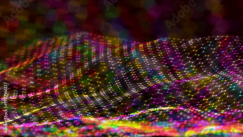 Sci-fi background. Digital wave with many particles. Template for festive presentation. 3d rendering