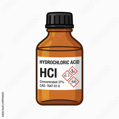 A brown glass bottle with a black cap, labeled Hydrochloric Acid HCl Concentrated 37%. It displays hazard symbols for corrosive, toxic, and dangerous to the environment.