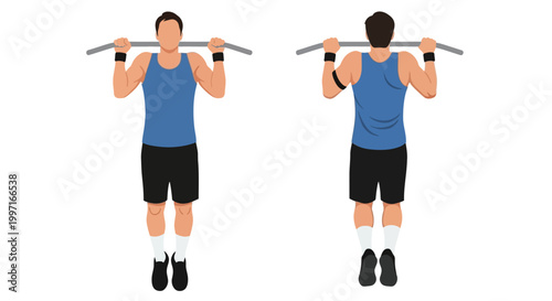 Illustration of a man performing pull-ups from different angles with a grey bar on a white background.