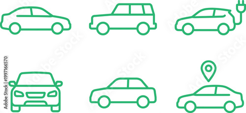 Car and transportation icons set with electric vehicle suv sedan gps location auto symbols outline green vector collection isolated on light background