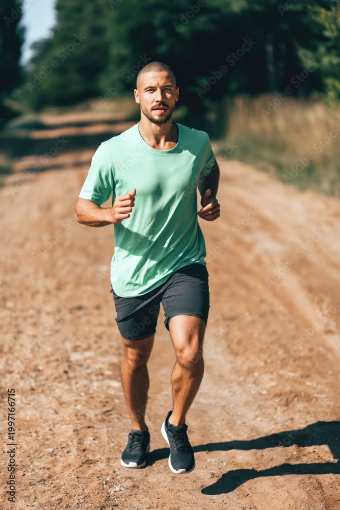 Fototapeta premium Male runner jogging on rural dirt road in forest during daytime