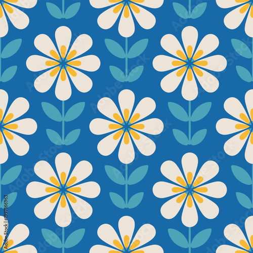 Flower seamless pattern with white blooms on blue background