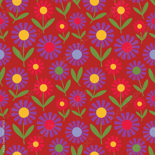 Flower illustration with vibrant colorful petals and green leaves background