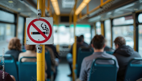 No smoking sign in bus interior with passengers, promoting public health