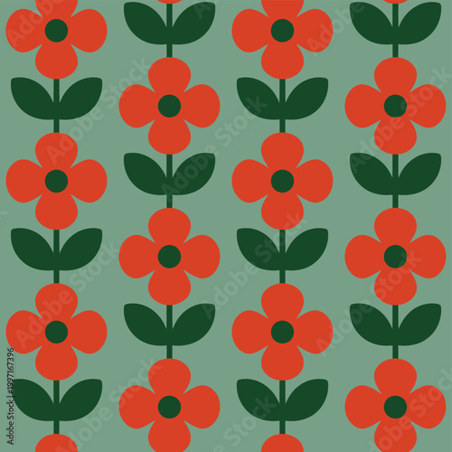 Flower illustration with red blooms and green leaves on green background