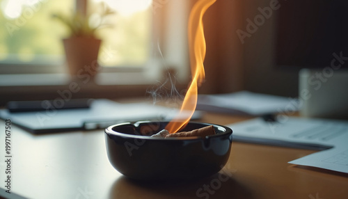 Burning cigarette in black ashtray on office desk, tobacco awareness