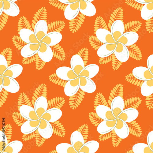 Vibrant floral pattern featuring white plumeria flowers on orange background