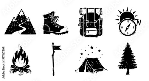 Vintage engraved hiking and camping adventure icon set