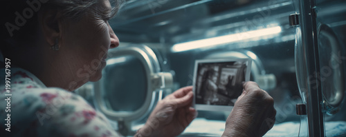 Emotional moment of reflection as elderly woman holds photograph beside incubator in softly lit setting