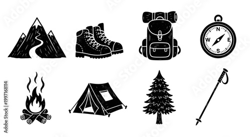 Vintage engraved hiking and camping adventure icon set