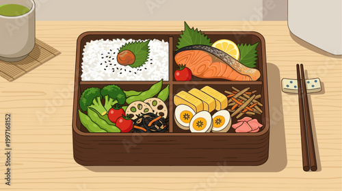 An overhead, flat lay illustration depicts a delicious and colorful bento box filled with rice, grilled salmon, tamagoyaki, hard-boiled eggs, and fresh vegetables, presented with chopsticks.