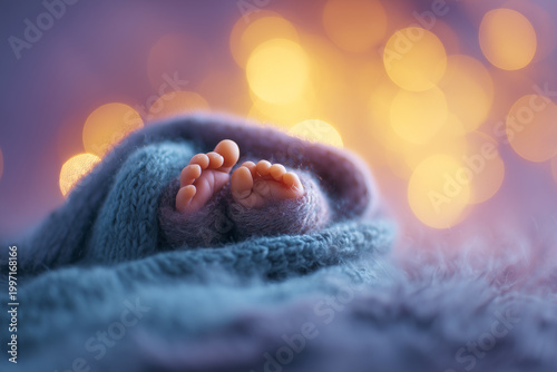 Premature babys tiny feet peeking out from under soft blanket with gentle haze and warm light at a cozy setting