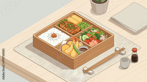 A beautifully arranged Japanese bento box is presented on a light wood table with chopsticks and a soy sauce bottle, featuring rice, teriyaki chicken, tamagoyaki, edamame, and tempura for a delicious.