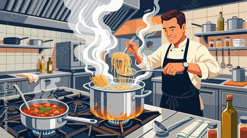 A male chef smiles as he cooks pasta in a pot while a tomato sauce simmers nearby in a bustling commercial kitchen.